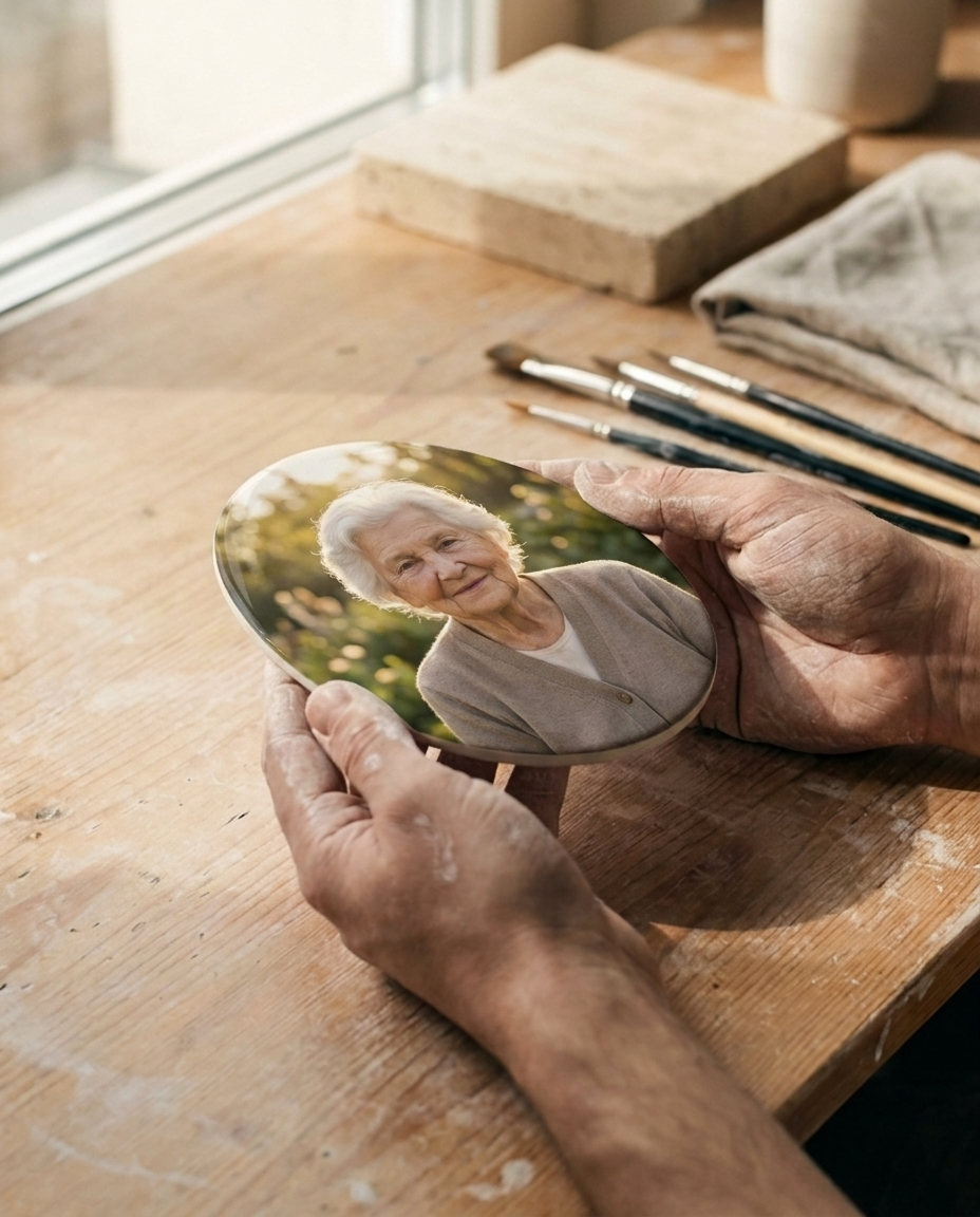 Le mani di un artigiano controllano una fotoceramica ovale finita su un banco da lavoro