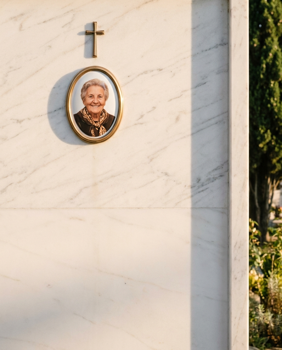Percorso Arte Funeraria Eurostone: fotoceramica ovale in cornice di bronzo su una parete di marmo chiaro