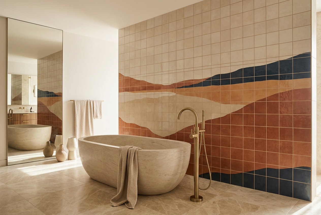 Percorso Interior ed Exterior Design Eurostone: parete a mosaico di porcellana in un bagno di lusso