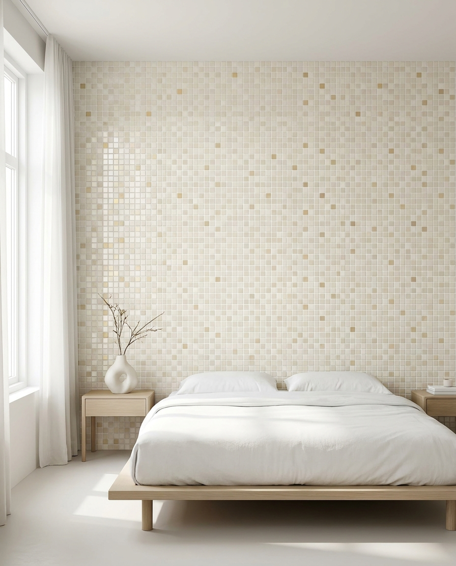 Camera da letto minimal con parete a mosaico di porcellana della Collezione Sabbia dietro il letto