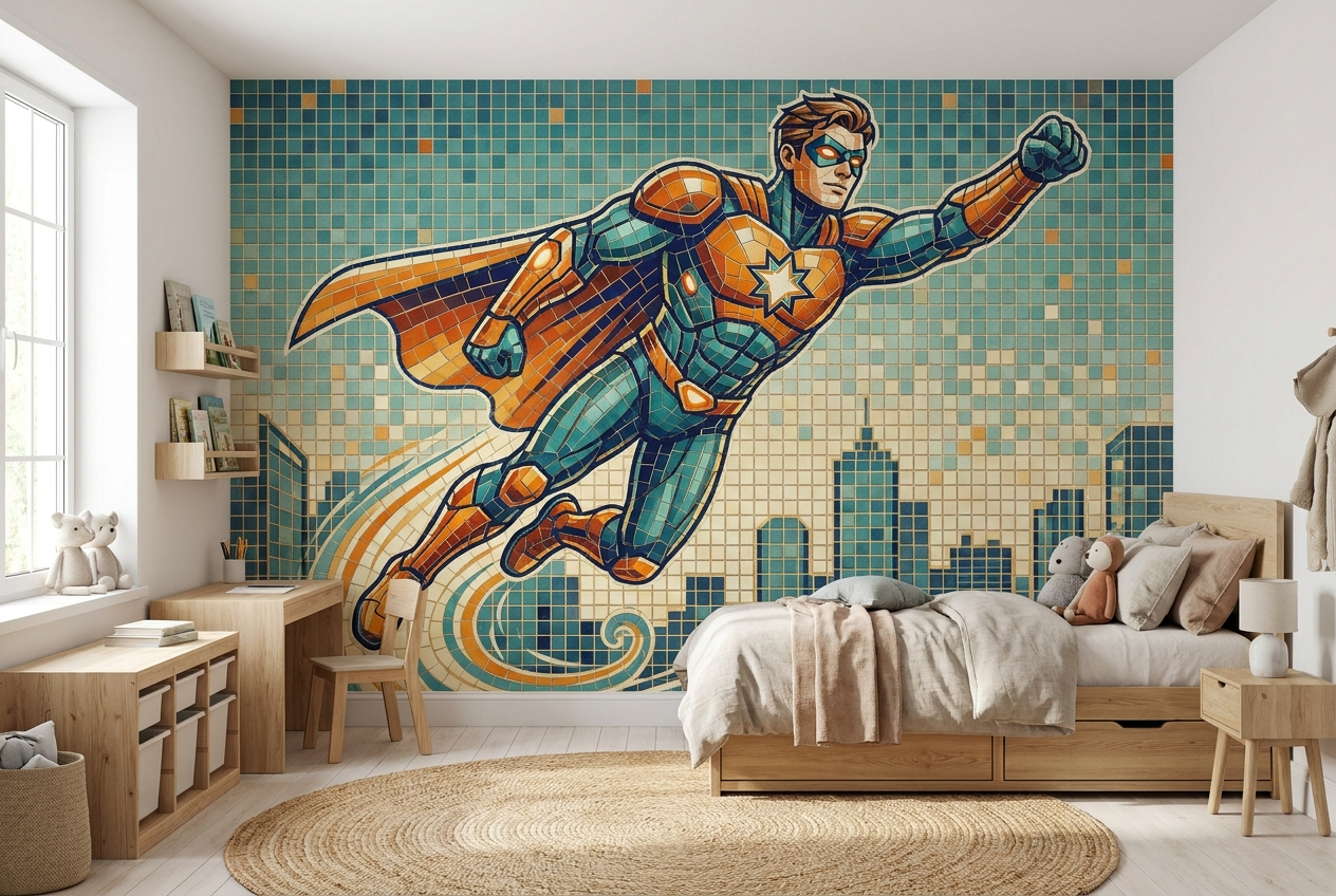 Cameretta con un grande murale a mosaico di porcellana raffigurante un supereroe personalizzato