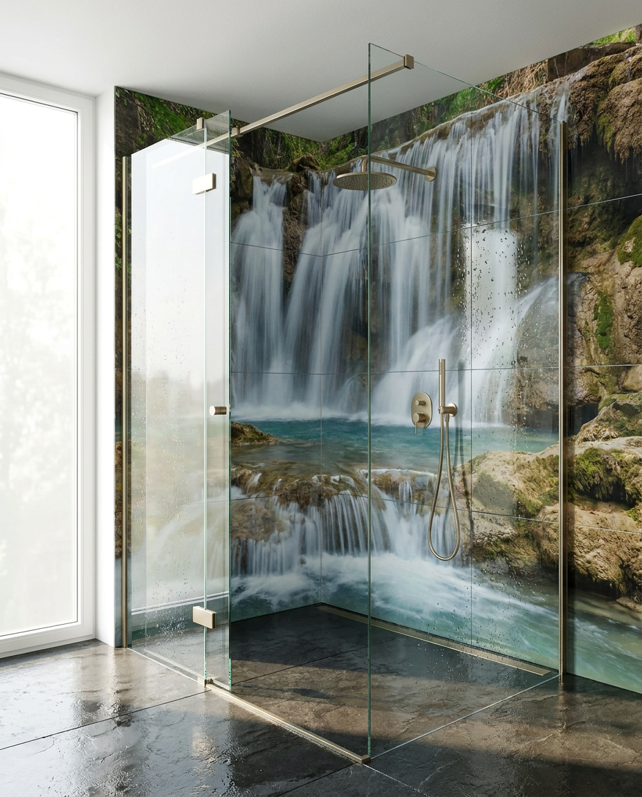 Doccia walk-in con pareti in piastrelle di porcellana che compongono una cascata naturale a tutta parete