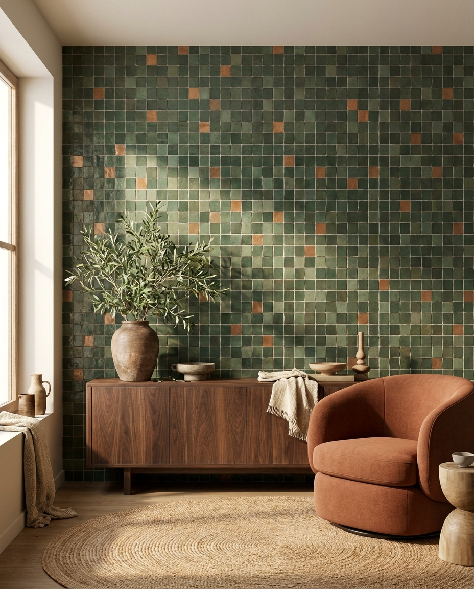 Living dai toni caldi con parete a mosaico di porcellana della Collezione Bosco