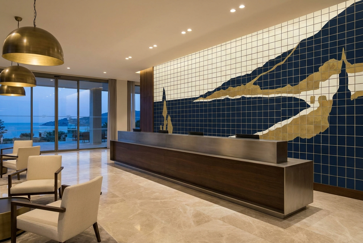 Parete reception di un hotel di lusso rivestita con un mosaico di fotoceramiche in porcellana nei toni blu e oro
