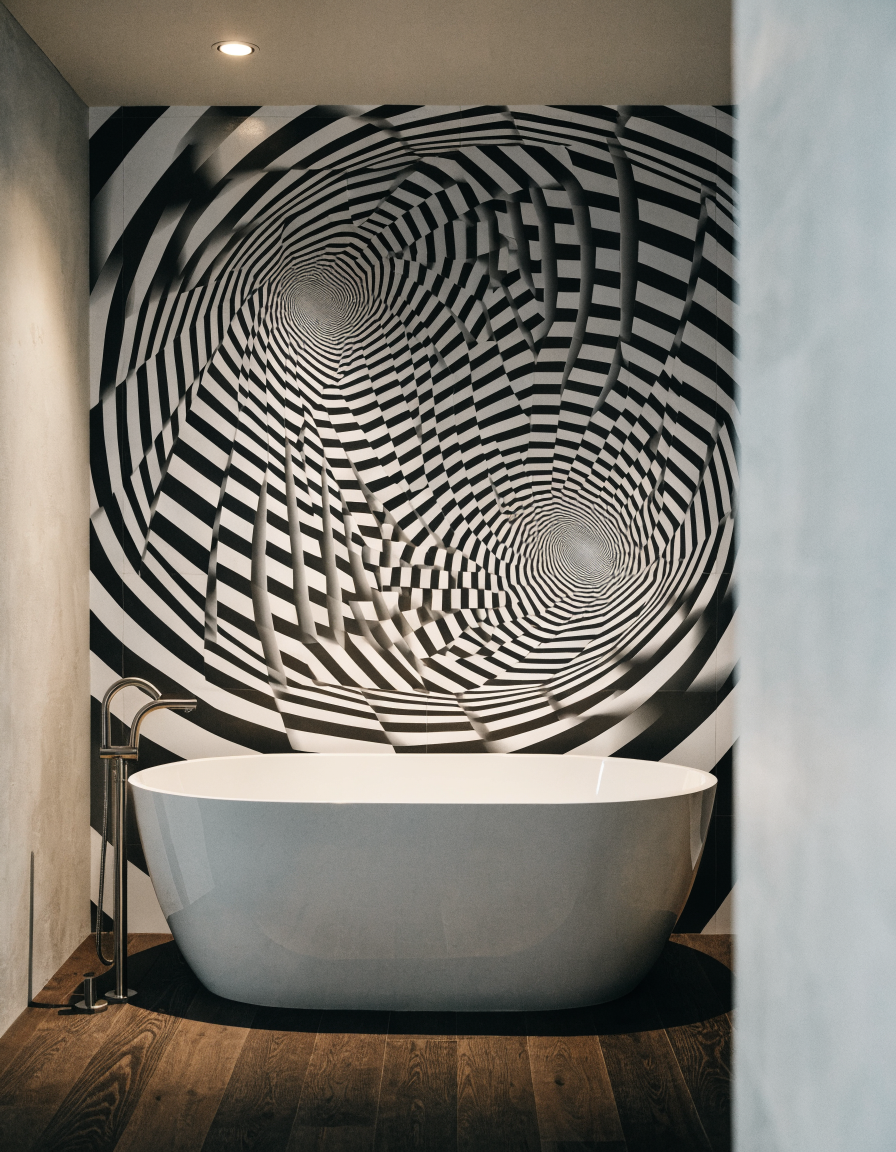 Bagno con vasca freestanding e parete in piastrelle di porcellana con illusione ottica 3D a spirale in bianco e nero