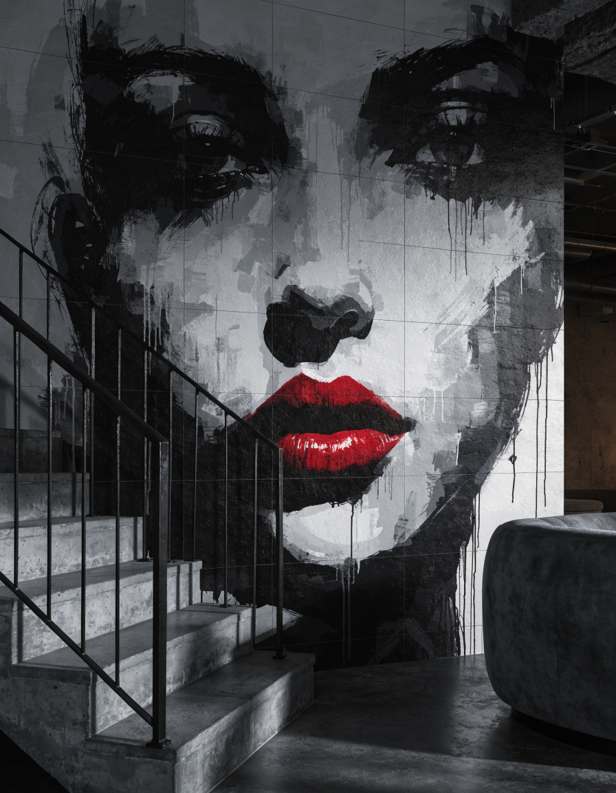 Parete a fianco di una scala con murale artistico di un volto femminile stilizzato su piastrelle di porcellana